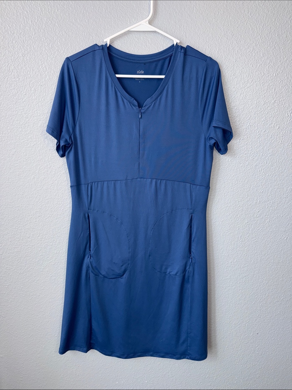 zuda Navy Blue Short Sleeve Dress with Front Pockets